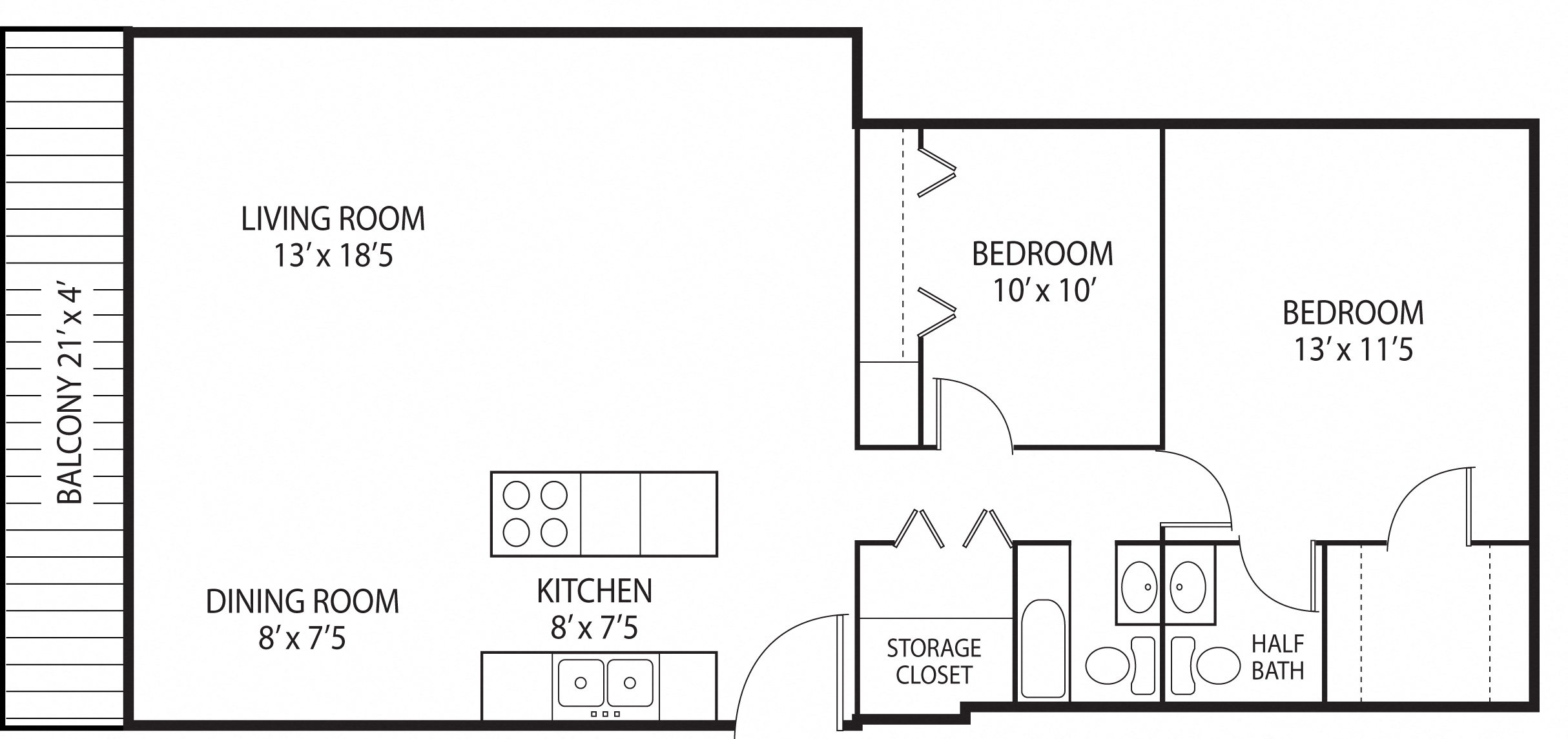 Floor plan for 2 beds, 1.5 baths, 1000 sqft